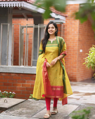 Preksha Creation Yellow Wedding Special Women Kanchi Cotton Kurti With Dupatta