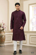 Thumbnail for Raivat Ethnic Banarasi Art Silk Thread and Mirror Work Kurta Pajama In Wine Colour
