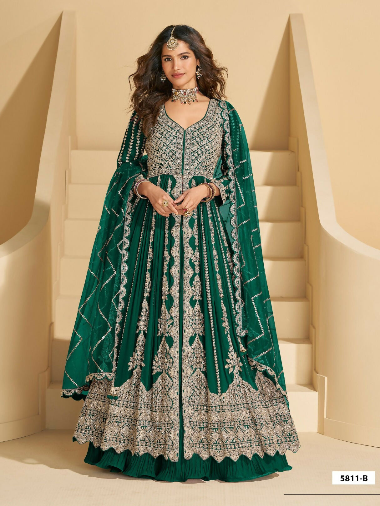 Anaita D Green Chinon Readymade Anarkali Lehenga with Heavy Embroidery Work - Distacart