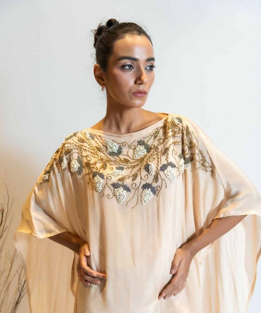 Timaraa Champagne Beige Ombre Embellished Georgette Kaftan Dress - Dista