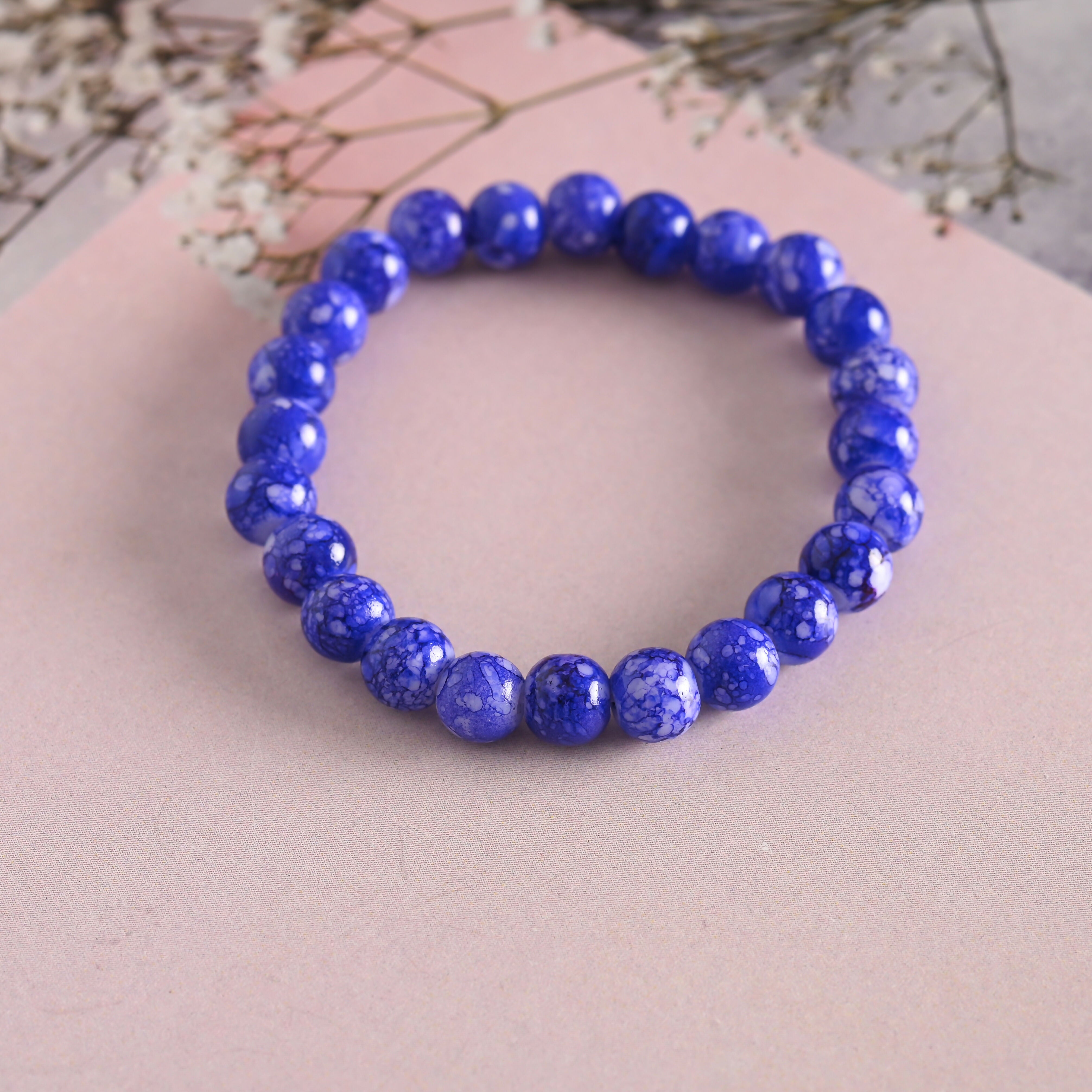 NVR Men & Women Blue Marbel Crystal Elasticated Bracelet - Distacart