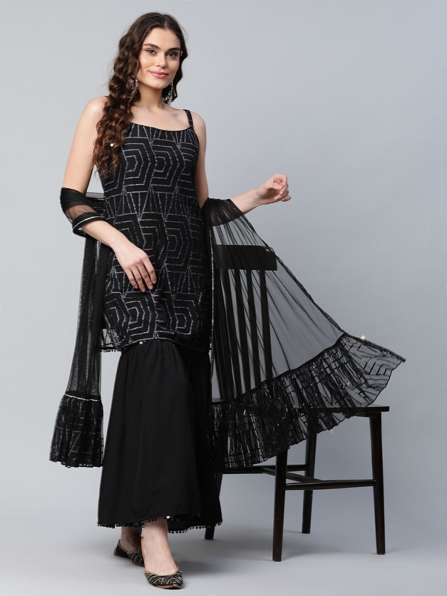 Ahalyaa Women Black Net Glitter Print Short Kurti With Sharara Dupatta Set - Distacart