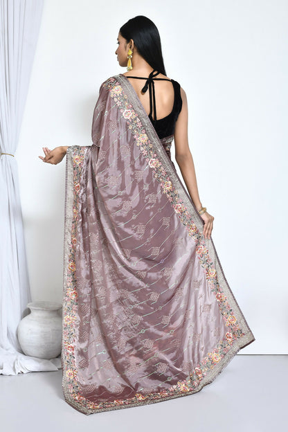 Purple Satin Silk Sequence Embroidered with Stone work Saree - Nimaya Benzy - Distacart