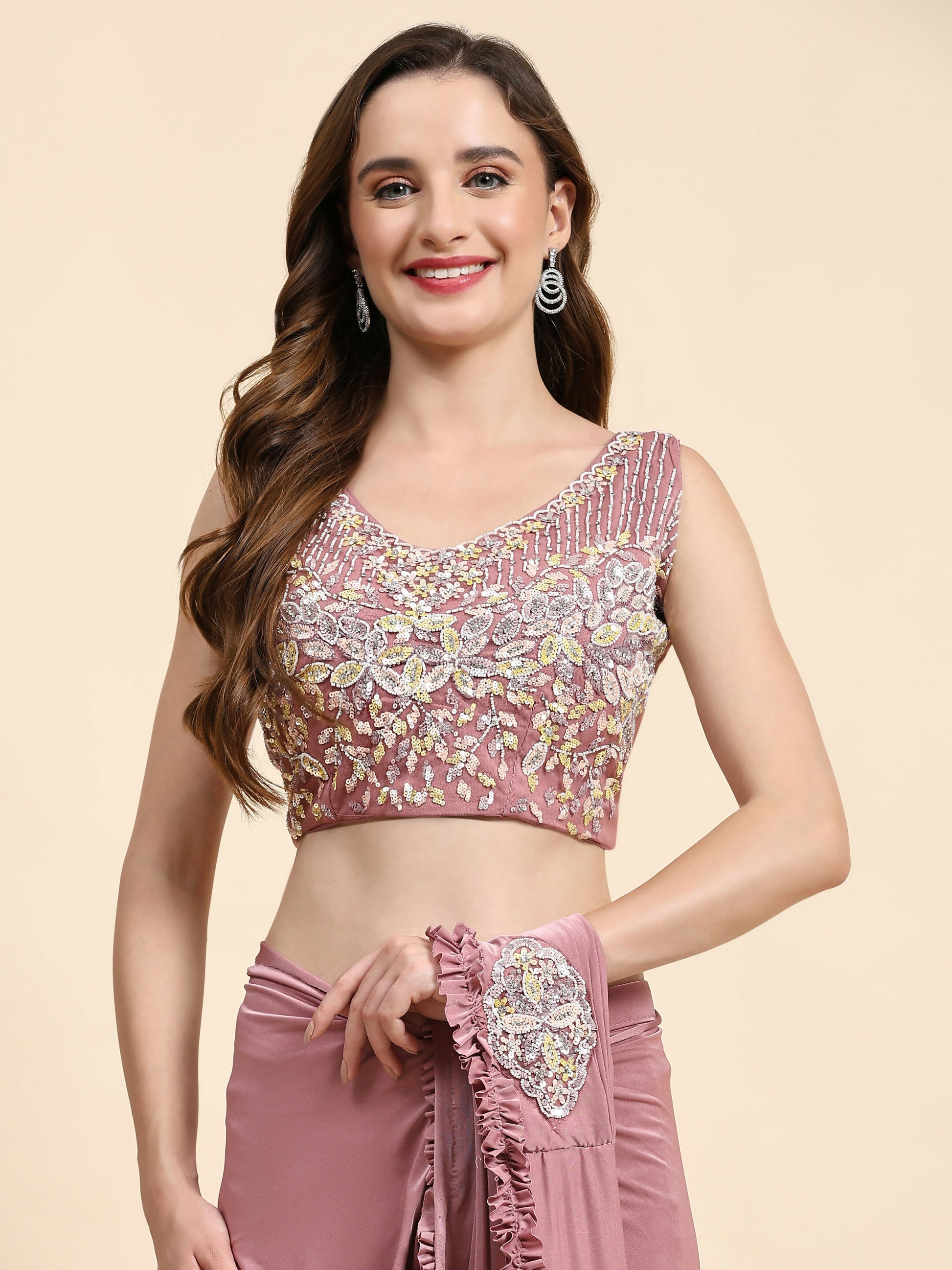 Pink Lycra Solid Ready to wear Saree with stitched Blouse - Vanita - Distacart