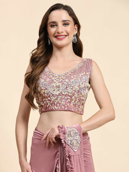 Pink Lycra Solid Ready to wear Saree with stitched Blouse - Vanita - Distacart