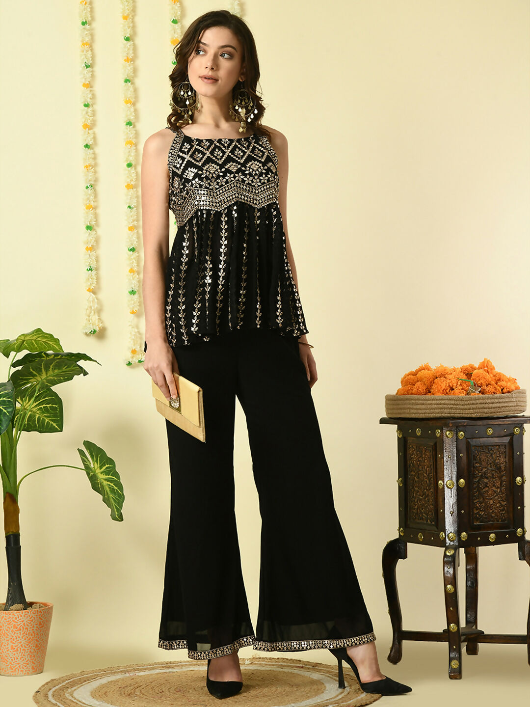 Myshka Women's Black Georgette Top With Palazzos Party Sets - Distacart