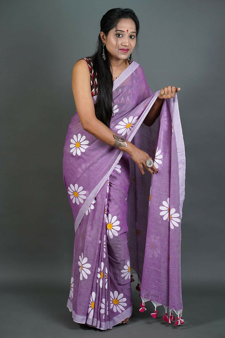 Exclusive Collection Mauve Pure Cotton Saree With Sunflower Design