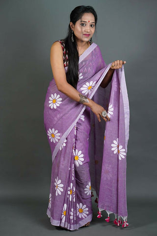 Exclusive Collection Mauve Pure Cotton Saree With Sunflower Design