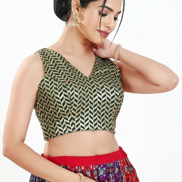 Joban Fashion Bottle Green Silk Padded Blouse With Sweetheart Neck Sleeveless - Distacart