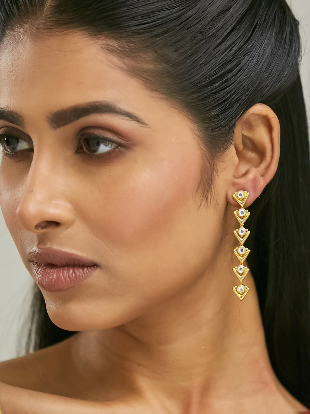 Nuyug 18K Gold-Plated Crystal Stone Studded Triangular Drop Sleek Earrings