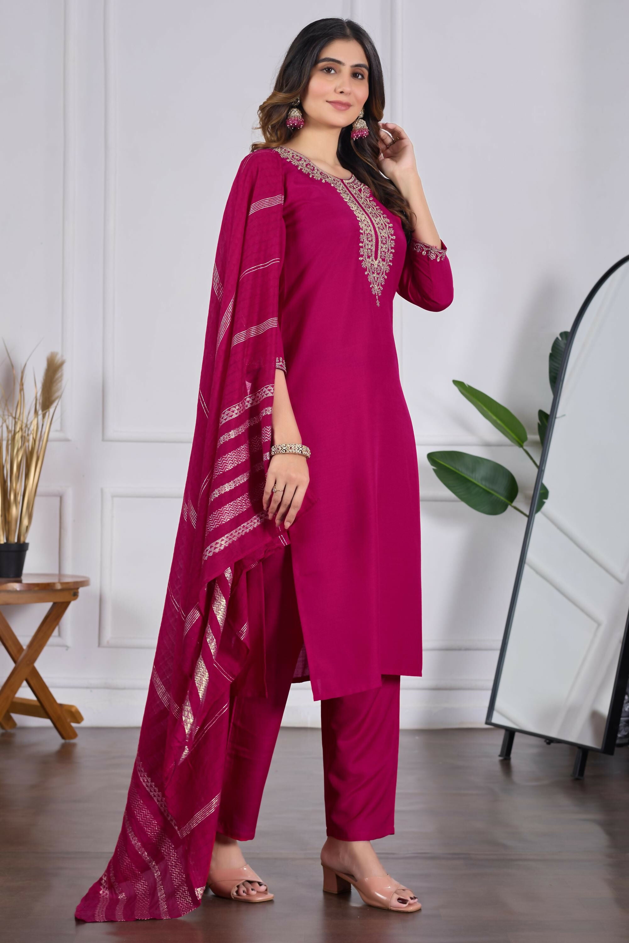 The52 Pink Women's Beautiful Embroidered Rayon Slub Fabric with Straight Kurta, Pant and Dupatta Set - Distacart