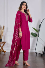 Thumbnail for The52 Pink Women's Beautiful Embroidered Rayon Slub Fabric with Straight Kurta, Pant and Dupatta Set - Distacart