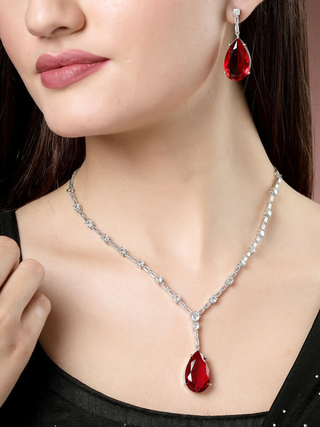 NVR Women's Silver-Plated Red Artificial Stones Studded Handcrafted Jewellery Set - Distacart