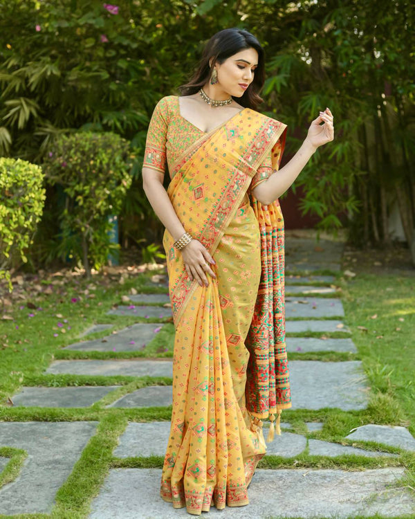 Vastranavya Luxury and Beautiful Soft, Smooth, Flowing Original Pashmina Soft Cotton Saree with Matching Blouse Fabric - Yellow - Distacart