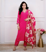 Thumbnail for The52 Pink Women's Beautiful Viscose Silk Fabric Embroidered Work Straight Kurta Pant and Dupatta Set - Distacart