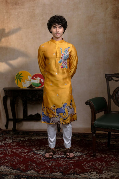 Falling Raw Silk Yellow Mural Krishna By Hilo Design - Distacart