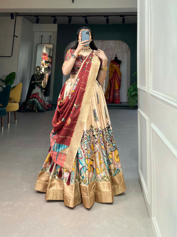 Vastranavya Kalamkari Print With Weaving Border Lehenga with Unstitched Blouse - Cream - Distacart
