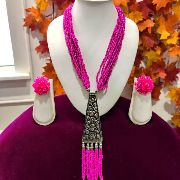 Inhanns Day-To-Dinner Tie Shaped Oxidized Black Metal Multi-Layered Long Only Necklace - Hot Pink - Distacart