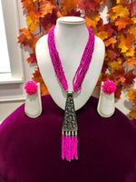 Thumbnail for Inhanns Day-To-Dinner Tie Shaped Oxidized Black Metal Multi-Layered Long Only Necklace - Hot Pink - Distacart