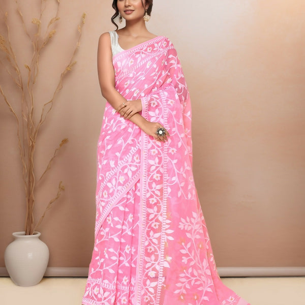 Joban Fashion Light Pink Cotton Blend Jamdani Saree - Dista