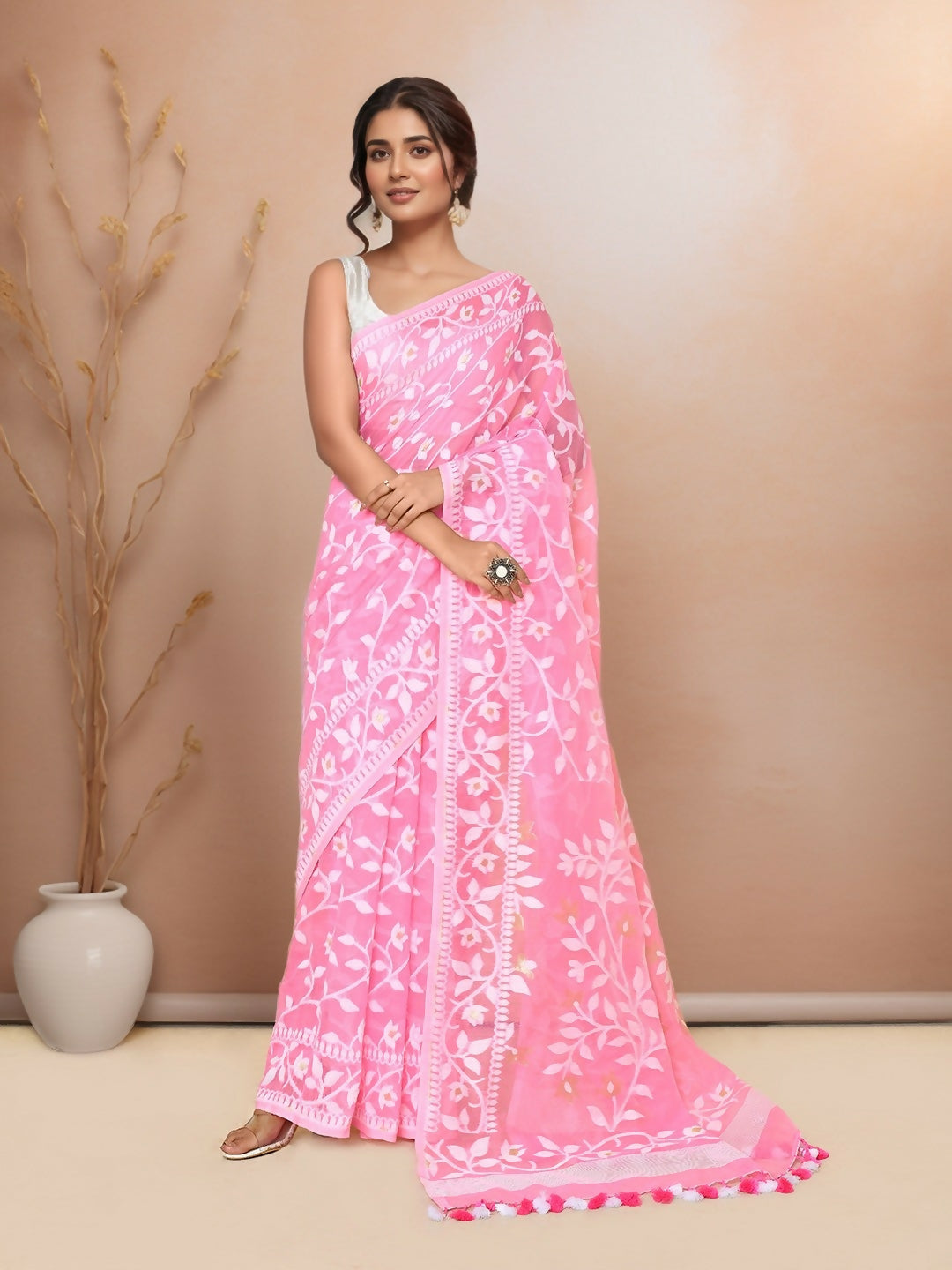 Joban Fashion Light Pink Cotton Blend Jamdani Saree - Dista
