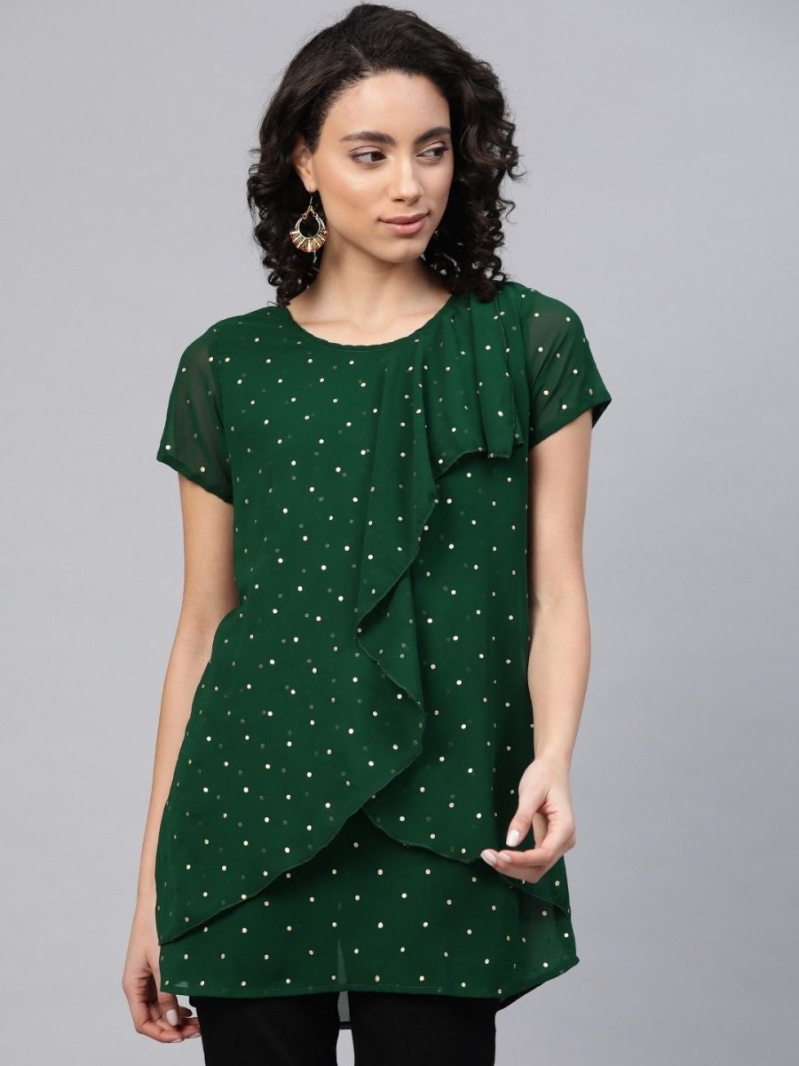 Ahalyaa Women Green Georgette Golden Polka Dots Print Layered Tunic