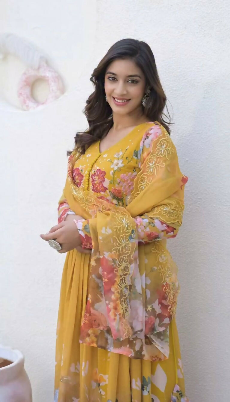 Teeya Creation Yellow Color Faux Georgette Printed Party Wear Gown