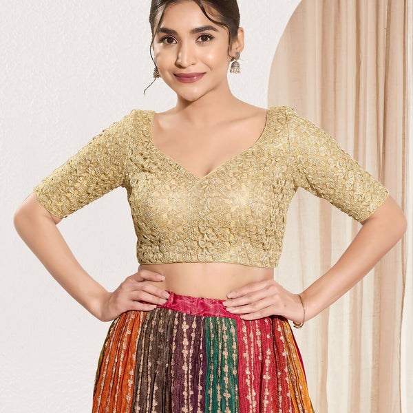 Joban Fashion Gold Crochet Padded Blouse With Sweetheart Neck Elbow Sleeves - Distacart