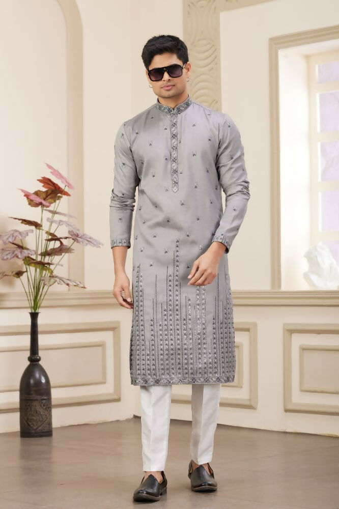Raivat Ethnic Art Silk Thread Work Kurta Pajama In Grey Colour