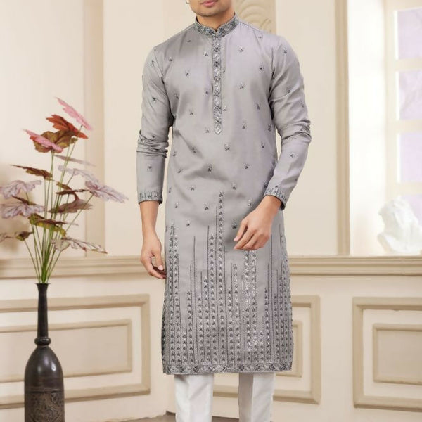 Raivat Ethnic Art Silk Thread Work Kurta Pajama In Grey Colour