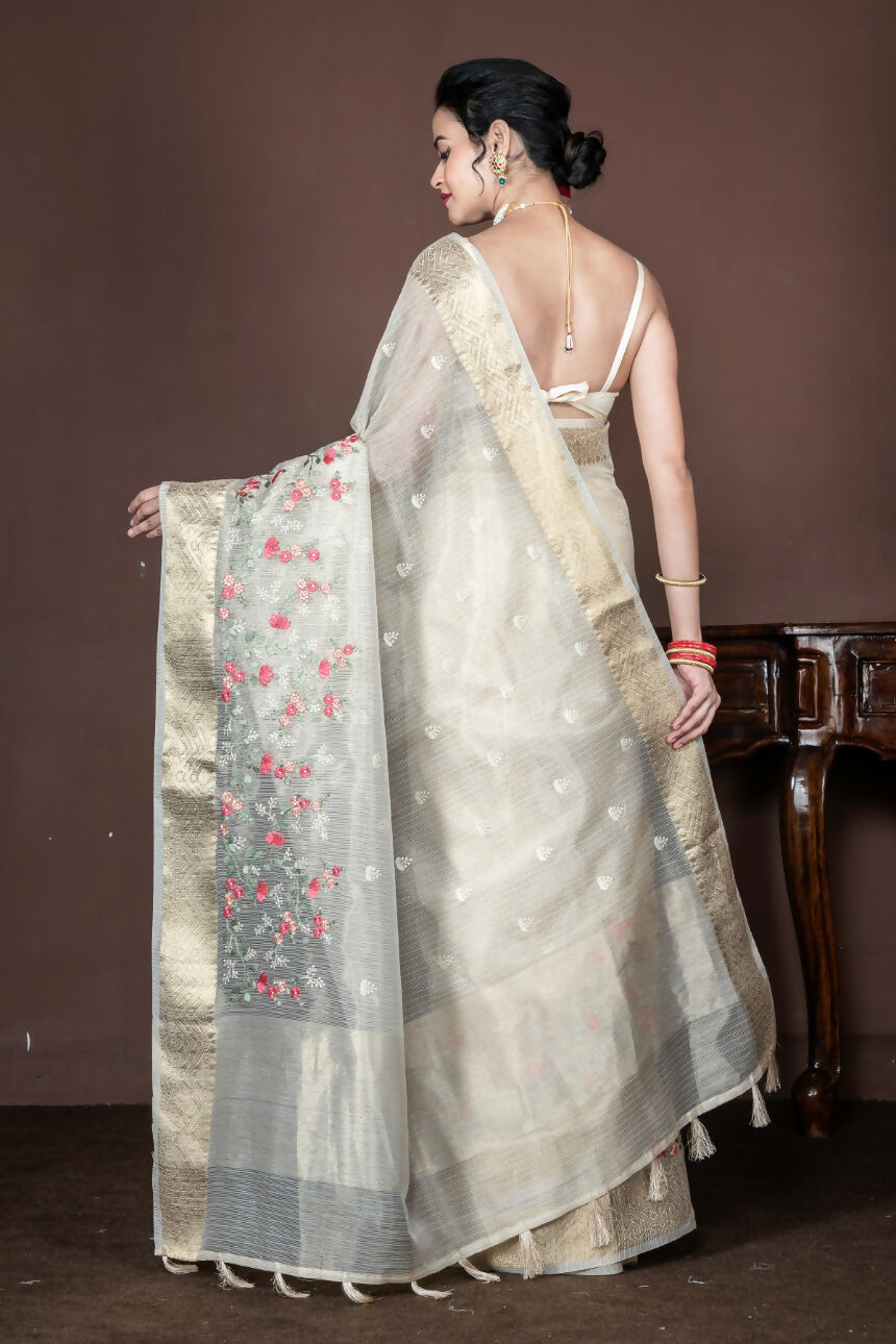 Morchari Beige Banarasi Tissue Computer Embroidery Saree Unstitched Blouse