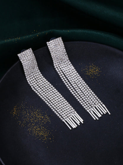 NVR Women Silver Toned Contemporary Ad Studded Drop Earrings - Distacart
