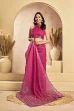 Thumbnail for Vastranavya Pink Digital Printed Linen Ready To Wear Designer Saree with Unstitched Blouse - Distacart