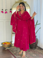 Thumbnail for The52 Rani Women's Beautiful Embroidered Work Vichitra Silk Fabric Straight Kurta Pant and Dupatta Set - Distacart