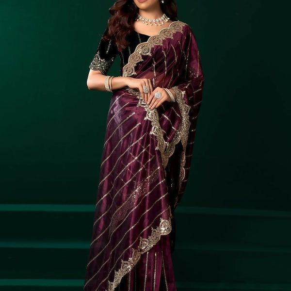 Joban Fashion Purple Net Party Wear Sarees - Distacart