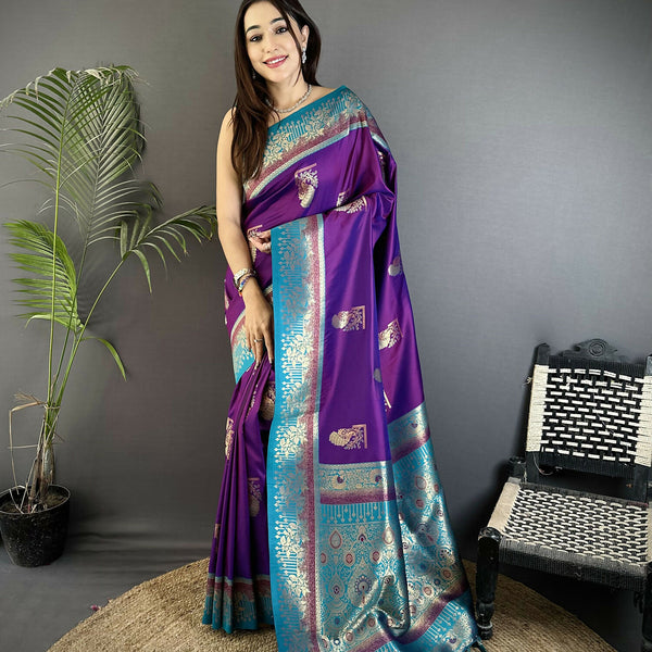 Joban Fashion Purple Banarasi Soft Silk Peacock Butta Work Saree