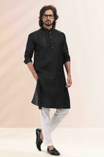 Thumbnail for Raivat Ethnic Linen Cotton Pintux Work Kurta Pajama In Black Colour - Dista