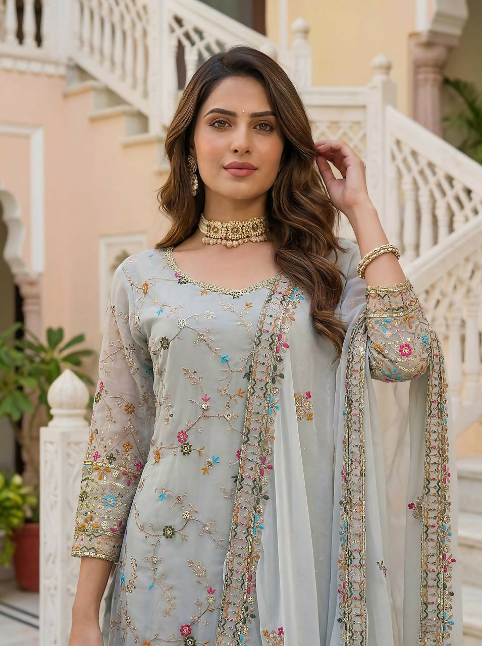 Teeya Creation Grey Faux Georgette Multi Thread Work Wedding Wear Sharara Set - Distacart