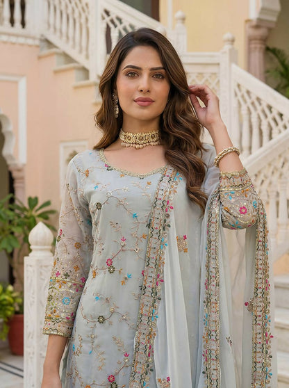 Teeya Creation Grey Faux Georgette Multi Thread Work Wedding Wear Sharara Set - Distacart