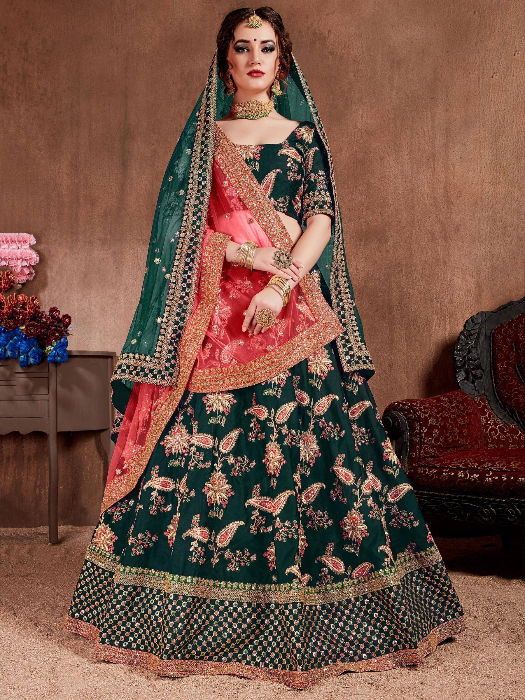 Tulsi Art Bottle Green Embroidered Taffeta Silk Bridal Wear Lehenga Choli - Dista
