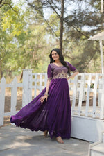 Thumbnail for Aastha Fashion Women's Purple Faux Blooming Embroidery Zari Sequins-work Gown - Distacart