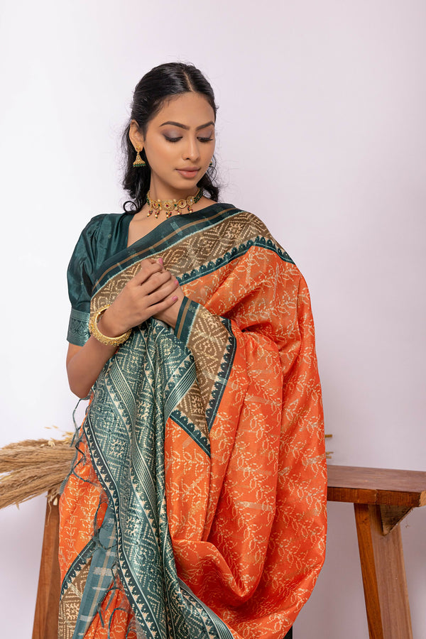 Vishnu Weaves Women's Orange Soft Tussar Silk Zari Woven Saree with Blouse - Distacart