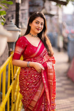 Thumbnail for Red Cotton Blend Ethnic Motifs Saree with Unstitched Blouse - A2M