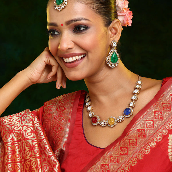 Ruby Raang 22k Gold Polished Stonework Kundan Necklace With Earrings And Maang Tikka - Distacart