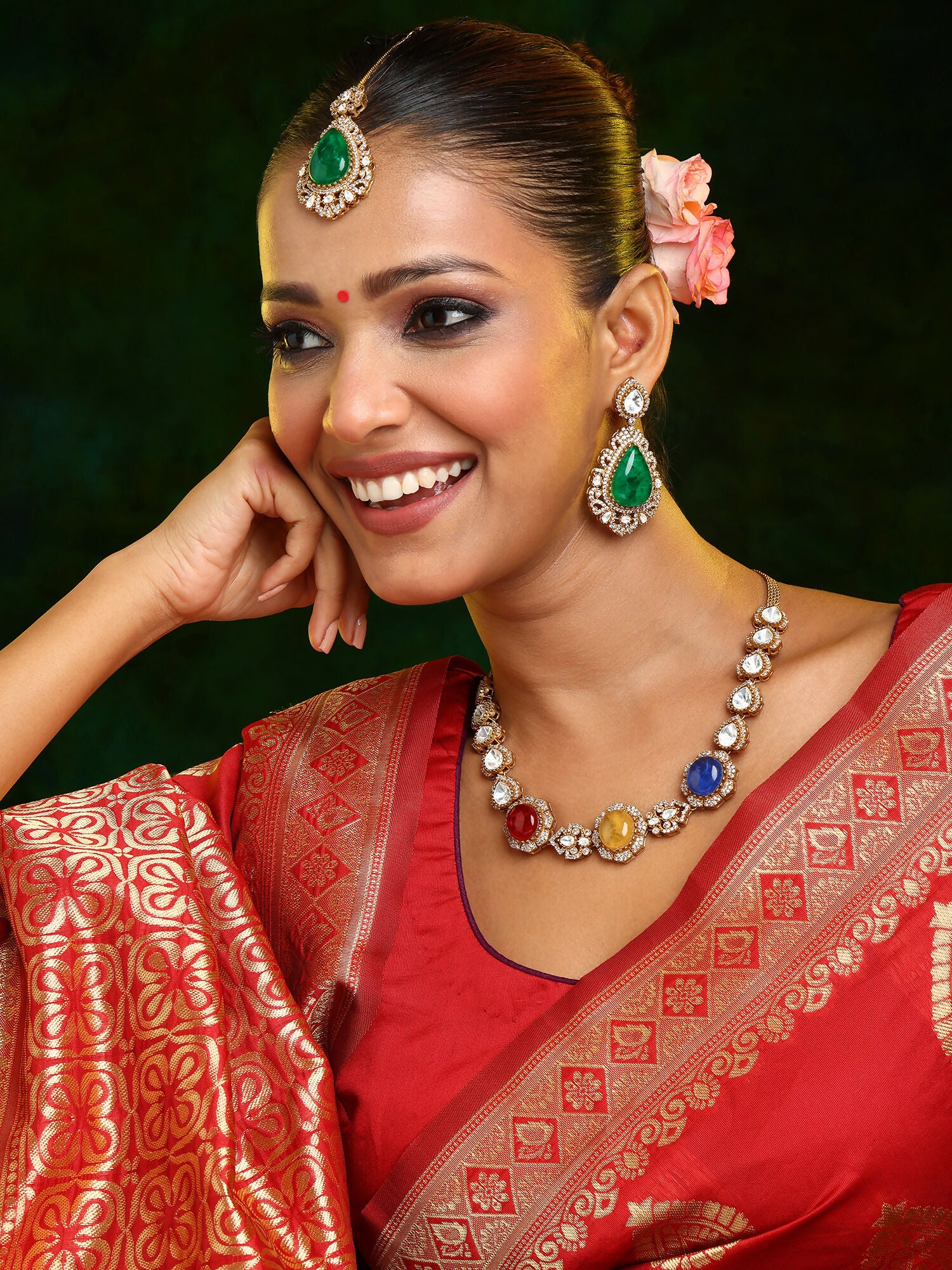 Ruby Raang 22k Gold Polished Stonework Kundan Necklace With Earrings And Maang Tikka - Distacart