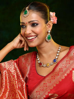 Thumbnail for Ruby Raang 22k Gold Polished Stonework Kundan Necklace With Earrings And Maang Tikka