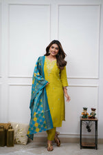 Thumbnail for The52 Lemon Beautiful Embroidered Viscose Chanderi Fabric Straight Kurta Pant with Dupatta Set - Distacart