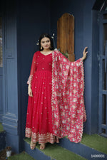 Thumbnail for Aayaa Designer Embroidery Zari Sequins-Work Faux Blooming Georgette Suit - Red - Distacart