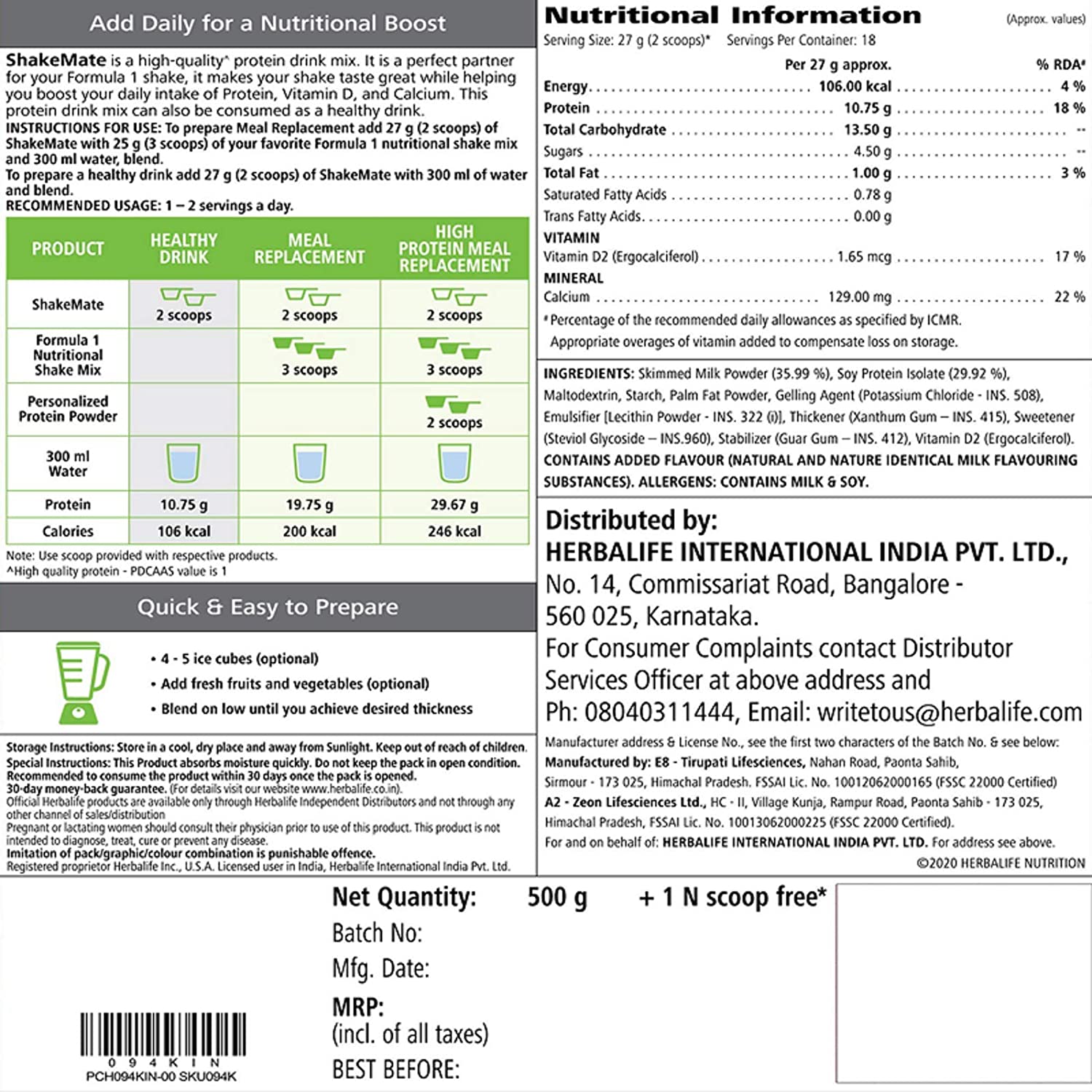 Herbalife Nutrition Shakemate Milk Based Protein - Distacart