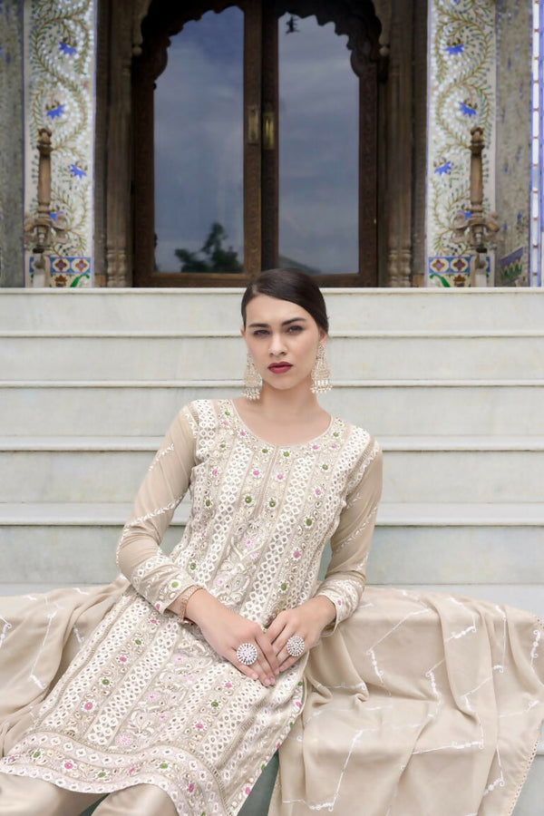 Jyoti Fashion Women's Beige Faux Georgette Heavy Embroidery and Moti Work Kurta Set - Distacart
